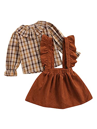 Toddler Baby Girls Autumn Brown Outfits Long Fly Sleeve Plaid Shirt Corduroy Suspender Dress Skirt Clothes Set (Brown, 4T)