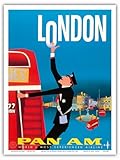 London - Double Decker Buses, Bovril and Schweppe - Pan American World Airways - Vintage Airline Travel Poster by Aaron Fine c.1950s - Master Art Print - 9in x 12in