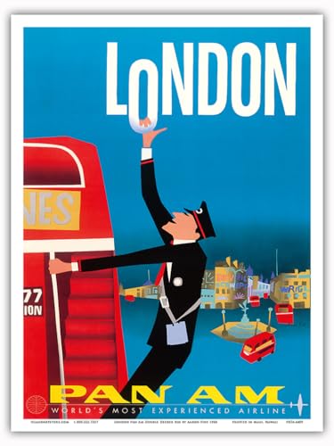 London England - Double Decker Buses Bovril and Schweppe - Pan American World Airways - Vintage Airline Travel Poster by Aaron Fine c.1950s - Master Art Print (Unframed) 9in x 12in