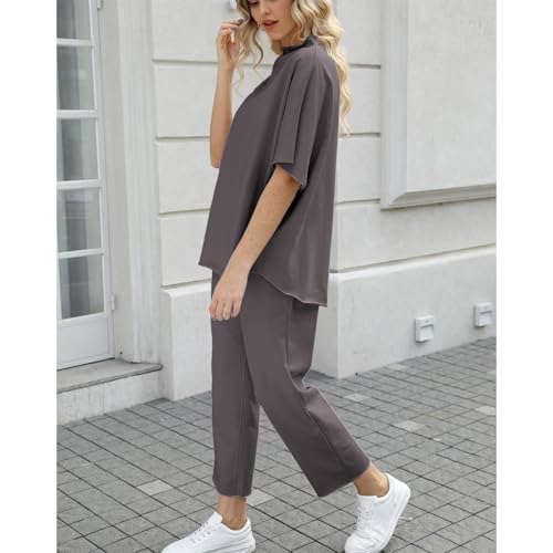 Image of SeeLuNa Women's Two Piece Outfits 3 /4 Batwing Sleeve Capelet Crew Neck Pullover Top Wide Leg Pants Lounge Set