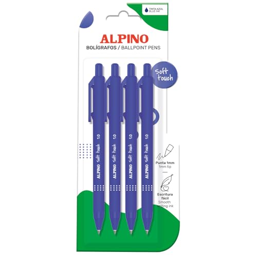 ALPINO - Set de 4 Bolígrafos Soft Touch – Tinta Azul | Escritura Suave y Fluida con Agarre Antideslizante | Punta de 1 mm| Bolígrafos Ergonómicos de Tacto Suave
