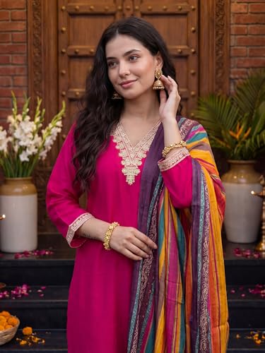 Image of INDO ERA Women's Silk Blend Embroidered Sequinned Kurta & Pant with Dupatta Set