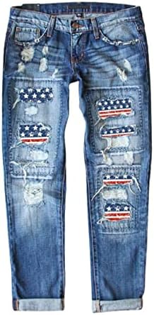 EVALESS American Eagle Ripped Jeans for Women Boyfriend Distressed Patchwork Print Mom Embroidered Jeans 2025 Fashion Wide Leg Losse Baggy Denim Bootcut Stretchy Pants with Hole Blue Large