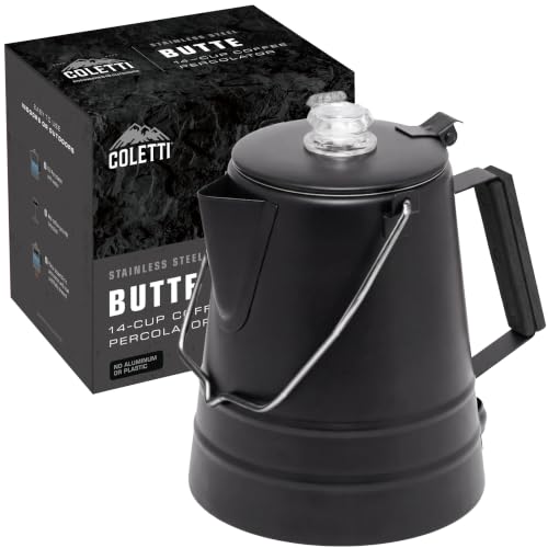 COLETTI Butte Coffee Percolator Camping — Percolator Coffee Pot, NO Aluminum or Plastic [Black-14 Cup]