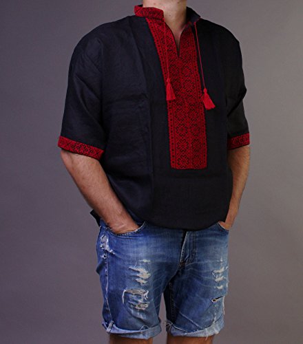 Vyshyvanka mens Handmade embroidered black red linen shirt Ukrainian short sleeve size 2XL