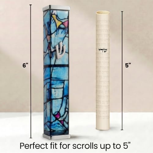 Image of SURI Mezuzah with Scroll for Door | 6 Inch Modern Aluminum Mezuzah Case | Fits 5 Inch Scroll | Gold & Silver Chagall-Inspired Design | Self Adhesive Easy Install | Judaica Jewish Gift