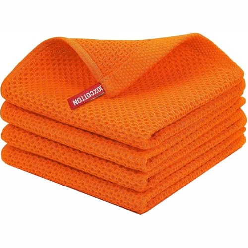 Image of Kitchen Cotton Lint Free Waffle Weave Hand Towels, Quick Drying Dish Cloths, Highly Absorbent Dish Rags Tea Towels Set with Hanging Loop, 13.4 inchx 13.4 inch, Orange, Pack of 4
