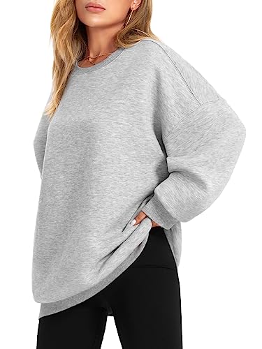 Athmile Oversized Sweatshirt For Women Long Sleeves Solid Color Fleece Pullover Hoodie Casual Comfy Loose Fall Clothes Tops-M Grey #TOP2