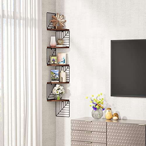 Love-Kankei Corner Shelf Wall Mount Of 5 Tier, Rustic Wood Floating Shelves Wall Shelves For Bedroom Living Room Bathroom Kitchen Office And More Dark Walnut #TOP1