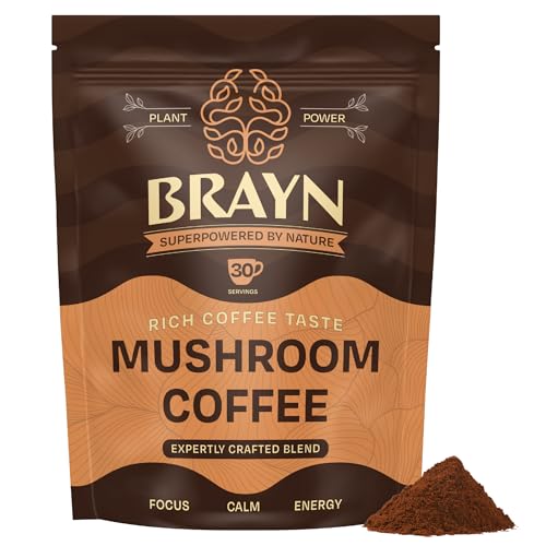 Mushroom Coffee Supplement with Lion’s Mane, Cordyceps & Reishi – Brain & Focus Support, Natural Energy, Stress Relief – Adaptogenic Blend with Coffee Powder – 30 Servings, 150 Grams