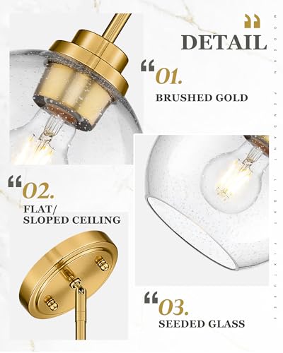 Image of Pendant Lights Kitchen Island, 7 inch Modern Brushed Gold Hanging Lights Fixtures with Clear Seeded Glass Globe Shade, Kitchen Island Lighting for Bathroom, AD-22280-1P-GD-S