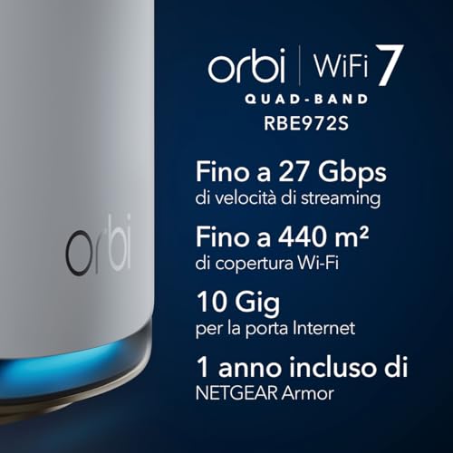 Mesh WiFI Orbi WiFi 7 Rete Mesh quad-band serie 970 (RBE972S) router + 1 extender satellitare, funzioni di sicurezza, fino a 27 Gbps, copre 440 m2, 200 dispositivi, porta Internet 10 Gig - Powerline - Immagine 1