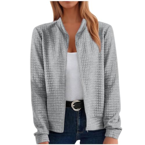 Waffle Sweatshirts for Women Zip Up Casual Cardigan Outerwear Lightweight Trendy Fall Winter Baseball Jackets Coat