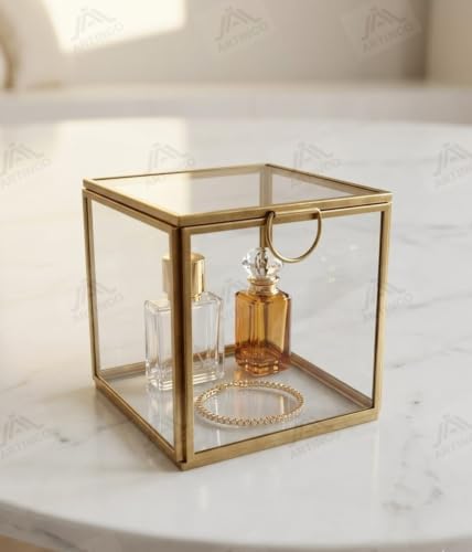 Image of Art India Collections Home Decor Glass Brass Storage Box Decoration, Golden Decorative Glass Brass Box 4x4 inch, Showers