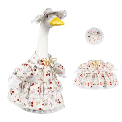 EdenShine Strawberry Porch Goose Outfits, Goose Clothes for 23 inch Concrete Statue with Cute Summer Skirt and Hat, Lawn Yard Garden Geese Costume
