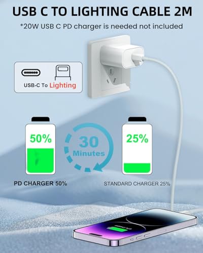 Image of Verilux PD 27W Type C to Lighting Cable for iPhone 14 /13 /12 Series, 2M /6.6Ft Lighting Cable with 480Mbps High Speed Data Transfer, Support for iPhone 14 /13 /12 /11 Pro Max /X /XS /XR /8 /7 /6s /Plus /SE, iPad