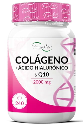 COLÁGENO y ÁCIDO HIALURÓNICO VitaminPure - 240 comprimidos de alta dosis 2000mg + Vitamina C y Coenzima Q10 | Suplemento de Colágeno para Piel, Articulaciones, Huesos y Cabello