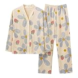 [MilaCorinna] レディース パジャマ ホームウェア 静電気防止 ツーピーススーツ カーディガンパジャマ 長袖 Vネック プリント柄 柔らかい 甘くて可愛い 大人 軽量 シンプル おしゃれ 快適 通気性 ゆったり 無地 ギフト 春秋冬