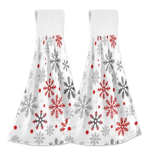 Winter Snowflakes Kitchen Hanging Towel Red White Snow Hand Fingertip Bath Tie Towels Set of 2 Pcs Tea Bar Dish Cloths 14 x 18 in Dry Towel Soft Absorbent Thin Durable for Laundry Room Decor