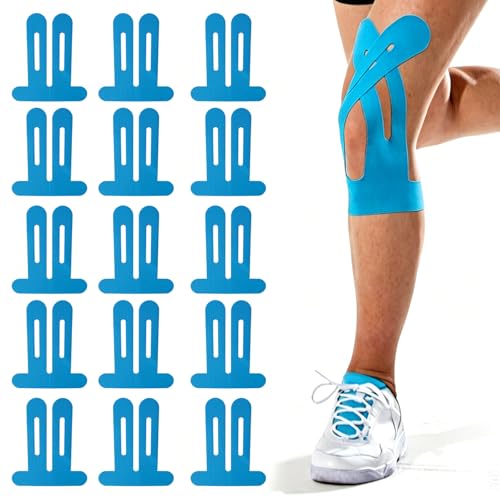 Knie Tape Vorgeschnitten 15 Stück – Kinesiologie Tapes Knie, Stark Haftender Muskelpatch Knieschoner, Atmungsaktiv & Elastisch, Physio Tape für Sport & Reha (Blau, 15 Stück)