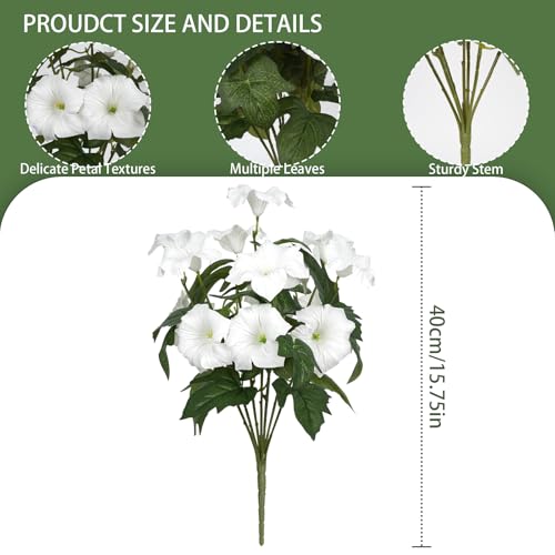 Image of Artificial Flowers for Outdoors, Faux Petunias Spring Summer Decoration, Fake Flowers Plants UV Resistant Look Real Silk Flowers for Outside Planter Front Door Porch Patio Yard (6, White)