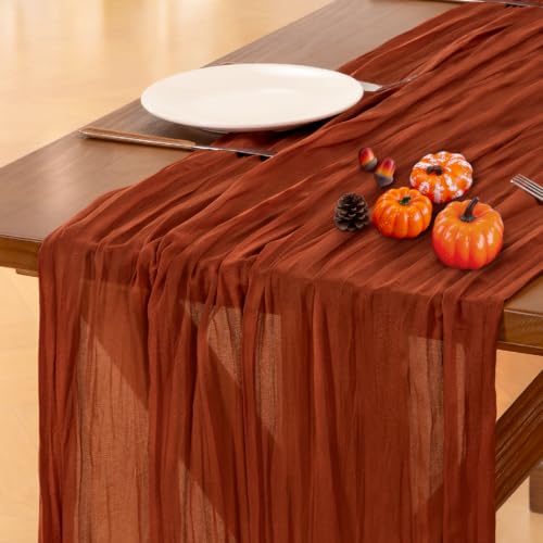 Fall Table Runner Terracotta Cheesecloth Boho Wedding Thanksgiving Decor | Friendsgiving Rustic Gauze 10FT Cheese Cloth 120 Inch Farmhouse Dining Runner for Baby Shower Holiday Party Home Decorations