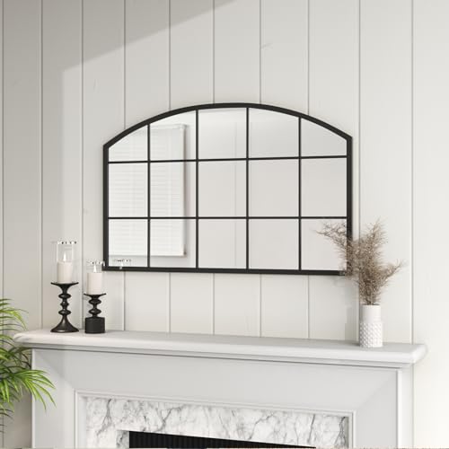 Image of Warmiehomy Large Decorative Wall Mirror Arched Window Garden Outdoor Mirror with Metal Frame for Courtyard,Living Room,Hallway (Black, 110x70x2cm)