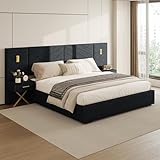 DEINPPA Luxury King Bed Frame with Built-in Gold LED Lights and Nightstands, King Size Platform Bed with Oversize Upholstered Headboard, No Box Spring Needed-Gunmetal Black