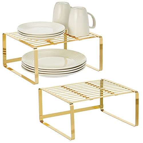 Mdesign Metal Kitchen Shelf Organizer Rack - Stacker Storage Risers For Cabinet, Counter, Cupboard, Or Pantry, Holder Stand For Plates, Dishes, Cups, Bowl, And Glasses - 2 Pack - Soft Brass #TOP15