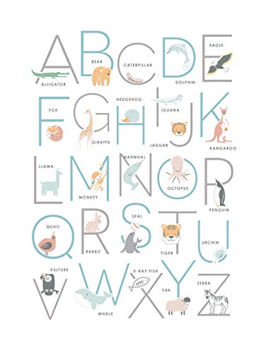 Animal Alphabet Kids Wall Art Poster 11X14" | Abc Chart Nursery Wall Art Decor | Woodland Animals Letters Room Prints | Gender Neutral Educational Classroom Poster | 6 Variants (2 Sizes, 3 Colors) #TOP5