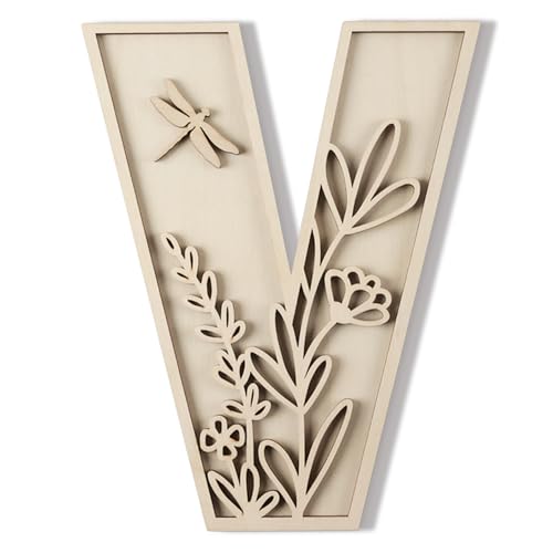 Image of Layered 12 Inch Large Wooden Letters for Wall Decor, Flowered Paintable Wooden Nursery Letters for Crafts Wood Alphabet Letter V for Birthday Boho Nursery Name Sign Wedding Home Decoration