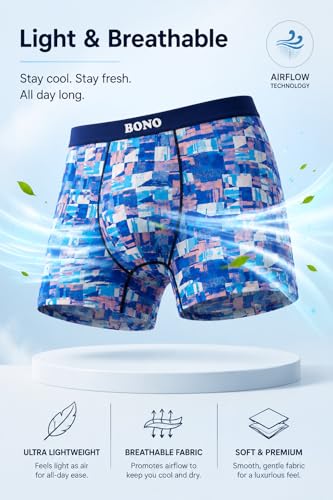 Image of BONO Men Cotton Blend Printed Trunk Combo Anti-Bacterial Moisture Wicking No Marks Stretchable Regular Fit Waistband Underwear Pack of 3 (Darkblue-Multicolor-TurquiseBlue-M)