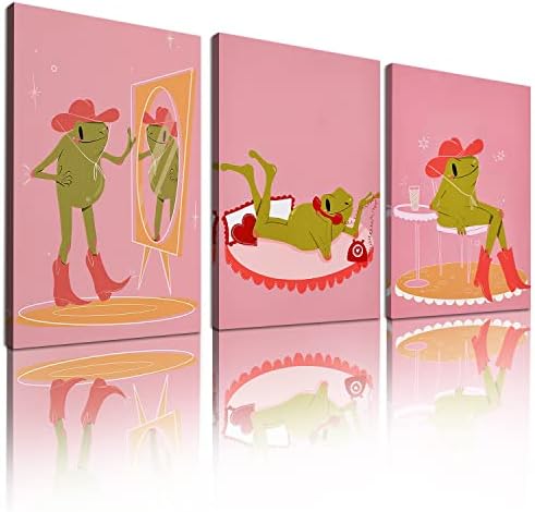 SKINGE Trendy Green Frog Poster Cute Pink Posters for Room Aesthetic Decor 3 Piece CowGirl Pink Canvas Wall Art Print Pictures for Kitchen Bedroom Bathroom Room Decor 12x16in Unframed