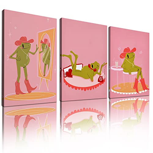 Skinge Trendy Green Frog Poster Cute Pink Posters For Room Aesthetic Decor 3 Piece Cowgirl Pink Canvas Wall Art Print Pictures For Kitchen Bedroom Bathroom Room Decor 12X16In Unframed #TOP2