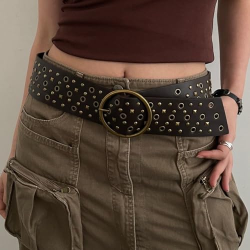 Punk Rock Women Man Y2K Vintage Chic Metal Round Buckle Waistband Wide Waist Strap Rivet Belt Trouser Dress Belts(coffee)