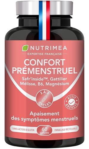 Confort Prémenstruel - Apaise le Syndrome Prémenstruel et les Règles Douloureuses - Mélisse, Gattilier & Safran Breveté Safr’inside™ - Nutrimea - 60 gélules Vegan - Fabriqué en France