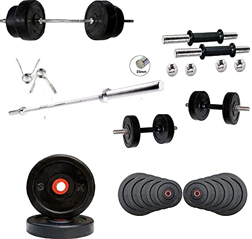 Image of Body Tech Rubber 100kg-Combo with 14 Inches Steel Dumbbells Rod and 7 Feet Straight Rod 25mm