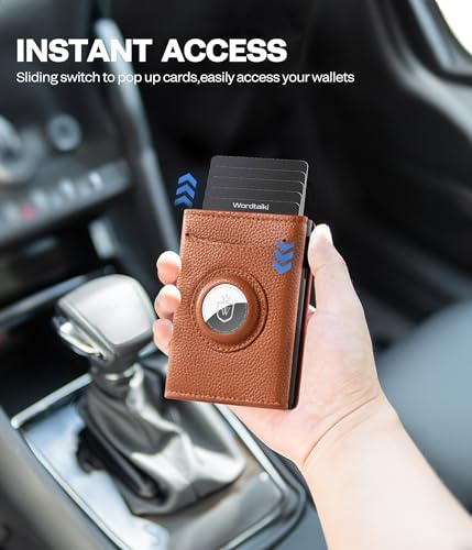 Mens Smart Wallet for AirTag, Pop-up Wallet Slim Minimalist Compatible with Apple Air Tag Holder,Genuine Leather RFID Blocking| 9-14 Card Capacity | ID Window | Cash Slot4