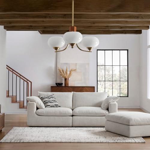 BOKT Brushed Brass Semi Flush Mount Ceiling Light Fixtures 3-Head Milk Ball Globe Sputnik Chandelier Gold Industrial Wood Pendant Hanging Light Height Adjustable Dining Room Chandelier… by BOKT - Used condition - Image 7