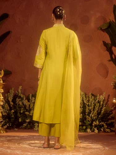 Image of FIORRA Women's Lime Green Viscose Chanderi Embroidered & Gota Patti Work Ethnic A-Line Kurta Set with Dupatta