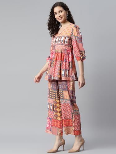 Image of DEEBACO Women's Geometric Print Rayon Top & Pants Co Ord Set For Women V Neck 3 /4 Puff Sleeve Ladies Party Casual Wear Fashionable For Girls Loose Fit Cord Set (DBCOMR00000983 M Multicolor)