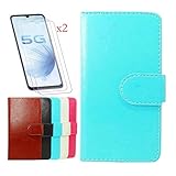 FZYM PU Leather Wallet Flip Protective Case for Kodak Seren D65LX (6.53') + [2 Pack] Screen Protector Film Tempered Glass, Magnetic Flip Cover with Card Slots and Stand Shell - Blue