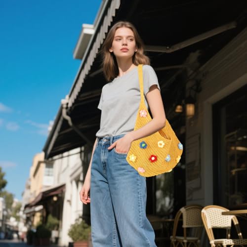 Image of PALAY Crochet Tote Bag Shoulder Bag Floral Hand Bag Hollow Out Bag Casual Tote Bag Multi-Purpose Crochet Travel Tote Bags for Women Office Use, College