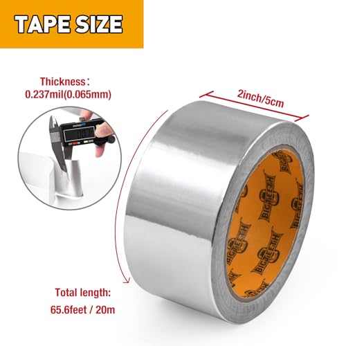 Image of BIGTEETH Aluminum Foil Duct Tape 2 inch x 65.6 ft | HAVC Duct Tape Heavy Duty, Waterproof hvac Register Tape, Temperature Resistant