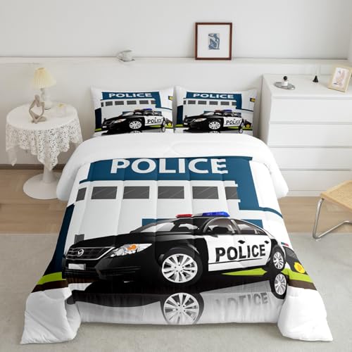 Children Police Car Comforter Set, 3D Car Pattern Down Comforter Twin Size for Kids Boys Girls Teens Bedroom, Cartoon Automobile Quilted Duvet, Decorative 2 Piece Bedding Set with Pillow Cas