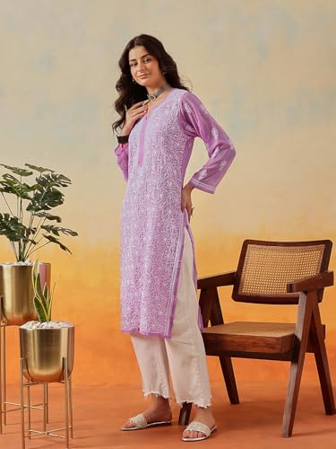 Image of Ada Lucknow Chikankari Hand Embroidered Faux Georgette Kurta Kurti Tunic Dress for Women A95504