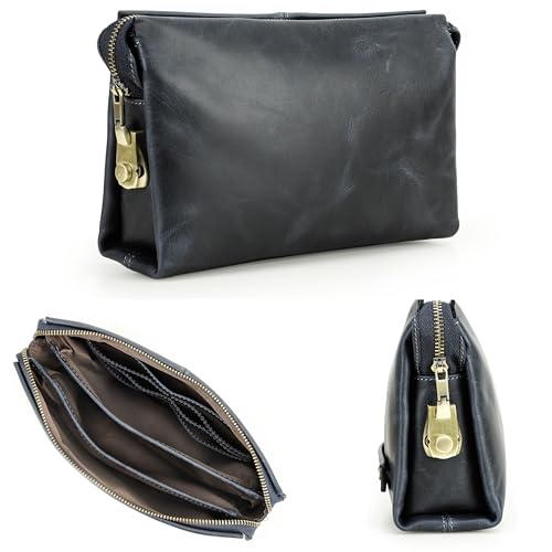 Image of Top Grain Genuine Leather Clutch Wallet Handbag for Man & Woman, Handmade Retro Design, Combination Lock & Retractable Strap & Multi Pockets /Slots, Portable RFID for Cards /Checks /Phone /Banknote, Blue
