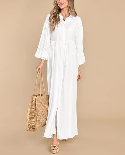 Image of chouyatou Women's Casual Long Sleeve Button Down Shirt Dress Elegant Pleated Flowy Swing Maxi Dress