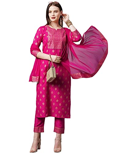 Image of GoSriKi Women's Cotton Blend Printed Straight Kurta with Pant & Dupatta