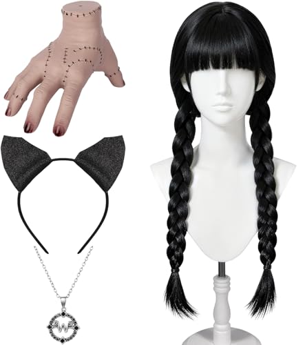 ASINWIN Halloween Black Braided Wig Accessories Include Pigtail Wig Creepy